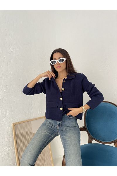 Puella Blazer albastru bleumarin cu buzunar cu nasturi aurii pentru femei/Jachetă crop din tweed Cardigan pentru femei