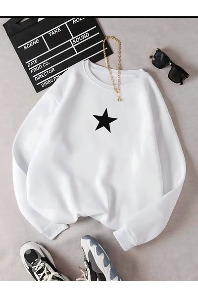Moodopia Λευκό Oversize Φούτερ - Star Printed, Crew Neck