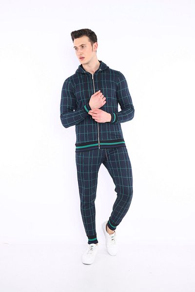 NEED LİFE Men's Navy Blue Green Plaid Patterned Hooded Slim Fit Tracksuit Set
