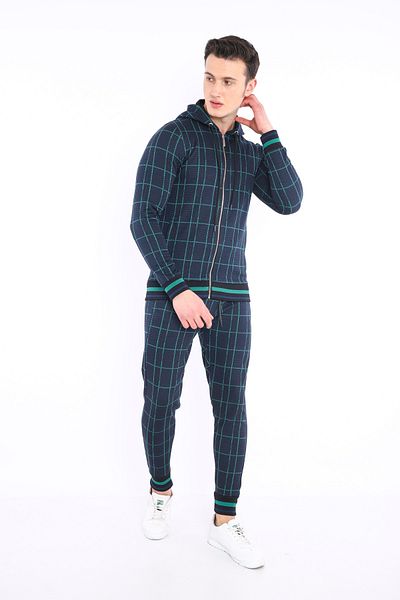 NEED LİFE Men's Navy Blue Green Plaid Patterned Hooded Slim Fit Tracksuit Set