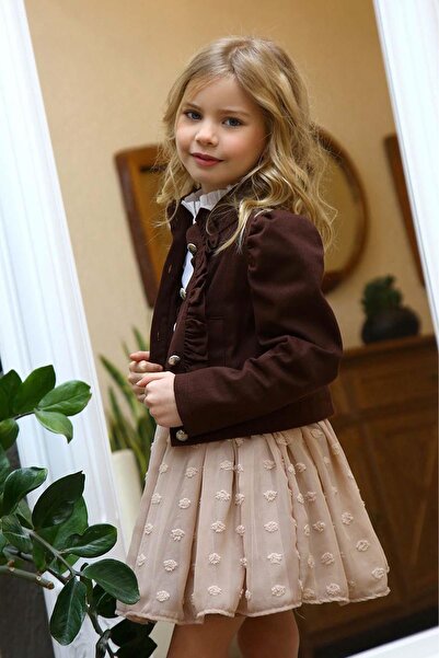 Riccotarz Kız Çocuk Puantiyeli Etek ve Denim Ceketli Kahverengi Etekli Takım