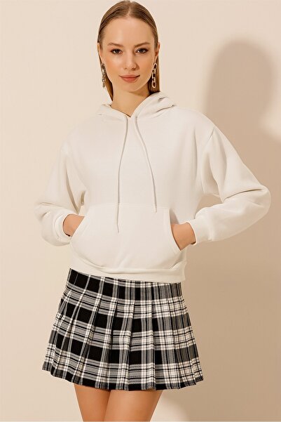 HAKKE Women's Gray Hooded 3 Thread Ribbed Kangaroo Pocket Crop Sweatshirt