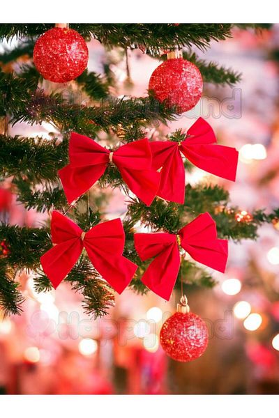 Happyland 4-Piece Large Size Red Pine Tree Bow Ribbon - New Year Christmas Party Decoration Ornaments