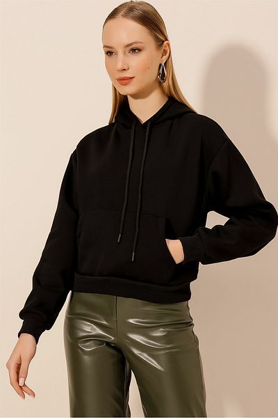 HAKKE Women's Gray Hooded 3 Thread Ribbed Kangaroo Pocket Crop Sweatshirt