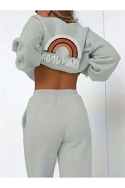 Machetta Good Vibes Printed Oversize Women's Tracksuit Set - Large Size, 3 Thread