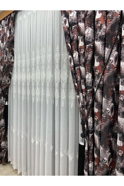 Akcan Damaks Patterned Stretchest Pleated Tulle Curtain Sea