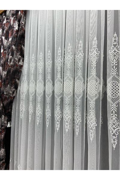 Akcan Damaks Patterned Stretchest Pleated Tulle Curtain Sea