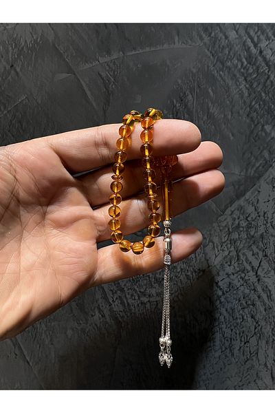 Amber by Mazukna Honey Colored Baltic Drop - Silver Tasseled Globe Rosary, Certified