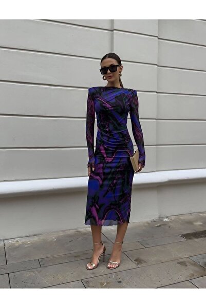 LİSAA BUTİK Slit Long Sleeve Drape Detailed Tulle Padded Midi Dress