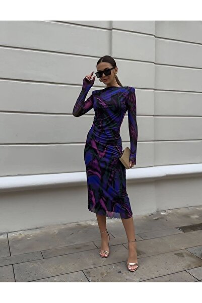 LİSAA BUTİK Slit Long Sleeve Drape Detailed Tulle Padded Midi Dress