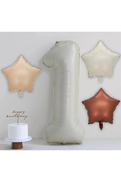 ATAKENT PARTİ مجموعة بالونات كريمية بعمر سنة واحدة مكونة من 3 بالونات على شكل نجمة الشوكولاتة بلون كريمي كراميل