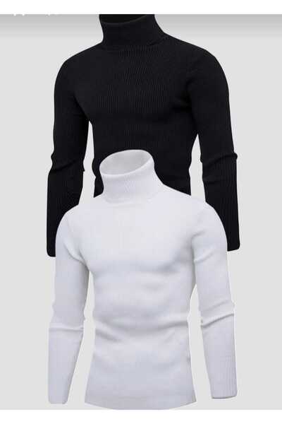 BLUEMOOR 2 li paket boğazlı dar kesim triko kazak balıkçı yaka kazak