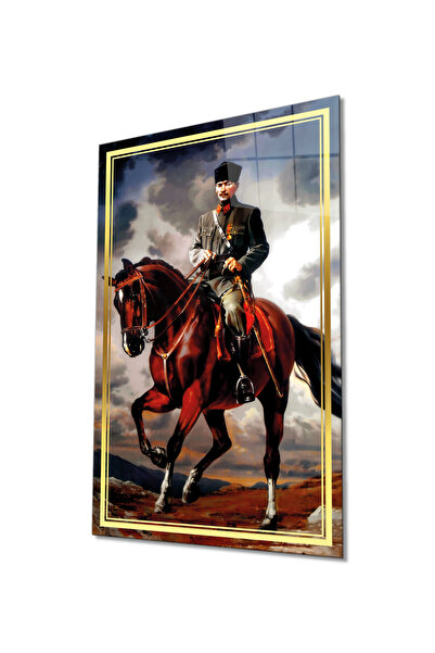 Rosyvien Tablou din sticlă cu portretul lui Atatürk pe un cal cu dungi aurii,...