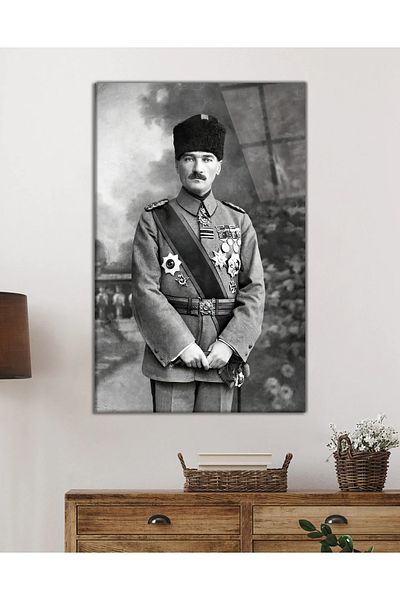 Rosyvien Ataturk Portrait in Uniform Glass Painting, Ata Mustafa Kemal, Home Office School Wall Decor, Tempered Glass