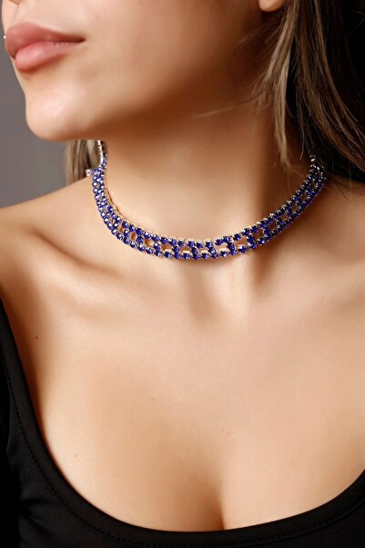 HUBANN Stylish Tasarım Mavi Taşlı Kristal Choker Kolye Pırlanta Gibi Gümüş Ka...