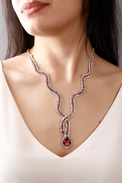 HUBANN Gümüş Kaplama Kırmızı Taşlı Yılan Tasarım Su Yolu Kolye