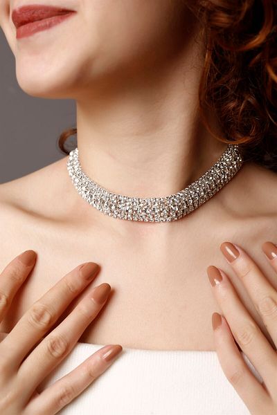 HUBANN 5 Row Stone Silver Choker Necklace, Stone Choker, Waterway Choker Necklace Silver Plated Choker