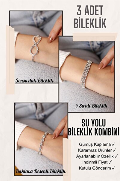 HUBANN 3 Adet Gümüş Kaplama Su Yolu Kombin Bileklik Seti, Baklava Desenli Bil...