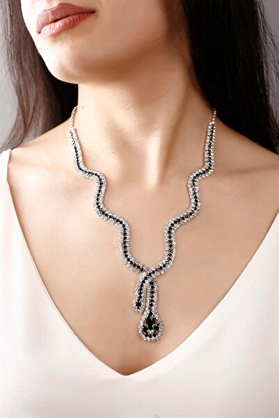 HUBANN Gümüş Kaplama Siyah Taşlı Yılan Tasarım Su Yolu Kolye