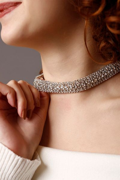 HUBANN 5 Row Stone Silver Choker Necklace, Stone Choker, Waterway Choker Necklace Silver Plated Choker