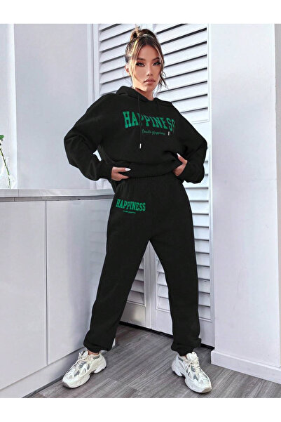 YUVEST مجموعة بدلة رياضية سوداء بغطاء للرأس من Blackrock للجنسين مطبوع عليها السعادة