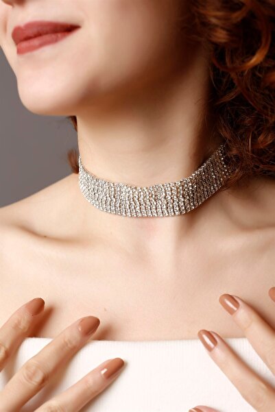 HUBANN 8 Sıralı Taşlı Silver Choker Kolye, Taşlı Choker, Su Yolu Choker Kolye...