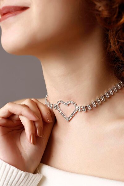 HUBANN Silver Kristal Taşlı Kalp Choker Kolye Parti Kolye Gelin Kolye Nişan K...