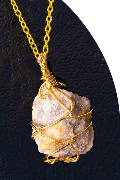 Tesbih Atölyesi Certified Gold Wire Wrapped Raw Lepidolite Stone Necklace