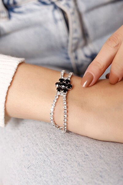 HUBANN Gümüş Kaplama Siyah Taşlı Çiçek Su Yolu Bileklik