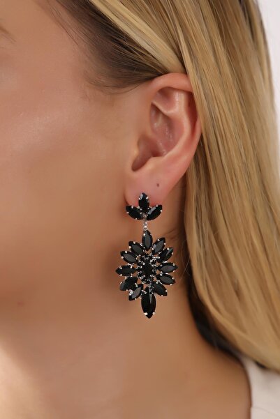 HUBANN Victoria Siyah Mekik Taşlı Kadın Küpe Renkli Taşlı Küpe Gümüş Kaplama ...