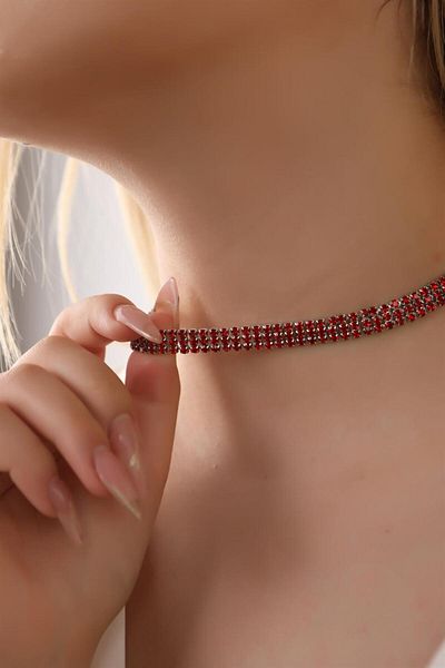 HUBANN Red Color Waterway 3 Row Stone Choker Necklace Stone Necklace Trend Choker Necklace Choker