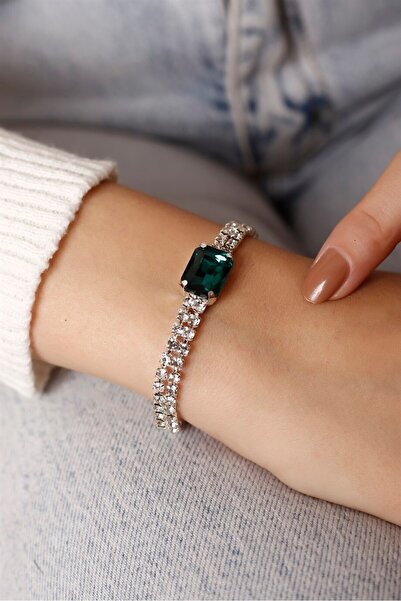 HUBANN Gümüş Kaplama 2 Sıralı Yeşil Baget Taşlı Su Yolu Bileklik