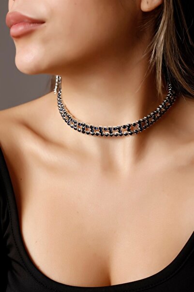 HUBANN Stylish Tasarım Siyah Taşlı Kristal Choker Kolye Pırlanta Gibi Gümüş K...