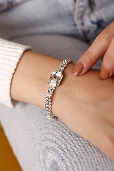 HUBANN Gümüş Kaplama 2 Sıralı Silver Baget Taşlı Su Yolu Bileklik