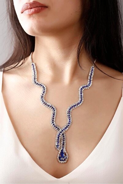 HUBANN Gümüş Kaplama Mavi Taşlı Yılan Tasarım Su Yolu Kolye