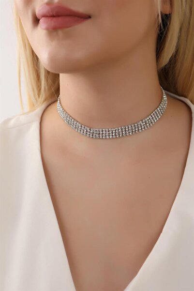 HUBANN 4 Sıralı Taşlı Silver Choker Kolye, Taşlı Choker, Su Yolu Choker Kolye...