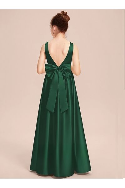 NSMLİFE Girl's Emerald Green Back V-Neck Detailed Elegant Satin Dress Graduation Birthday Christmas Dress