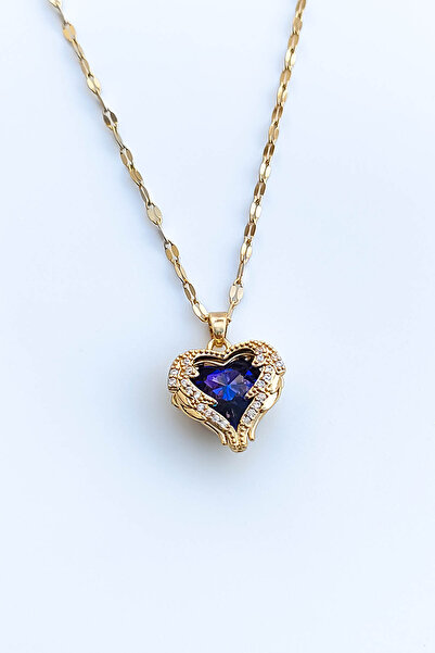 TREND COLLECTİON Kadın Paslanmaz Çelik Gold Zirkon Taşlı Mavi Kalp Kolye