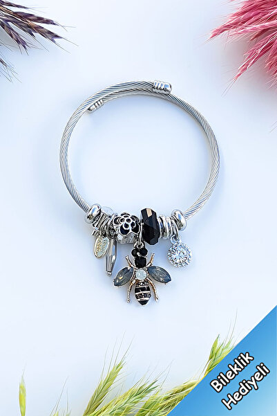 TREND COLLECTİON Women's Silver Bee Model Tarnish Steel Charm Bracelet
