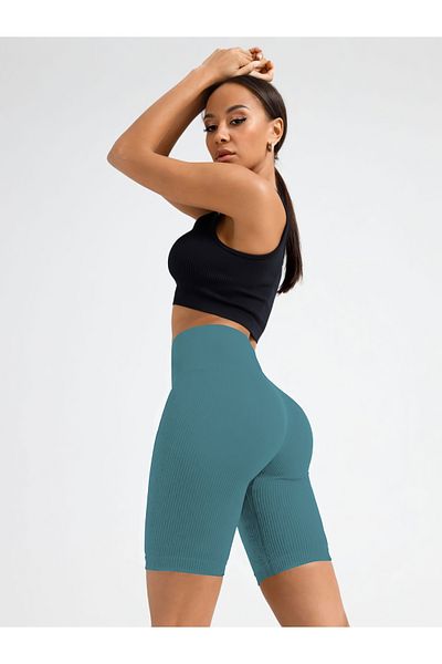 MİSTİRİK Dublin Model - Ribbed Knitted Biker Shorts, Seamless, Sports Shorts, Short Shorts, Gray Blue Color
