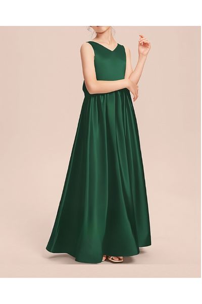 NSMLİFE Girl's Emerald Green Back V-Neck Detailed Elegant Satin Dress Graduation Birthday Christmas Dress