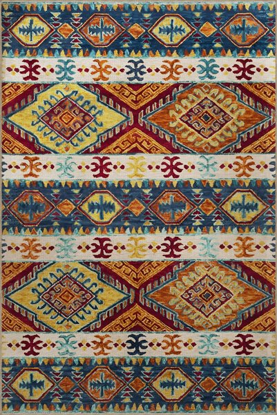 Rugs Modern Halı Blue Orange Themed Traditional Motif Mixed Shape Patterned V...