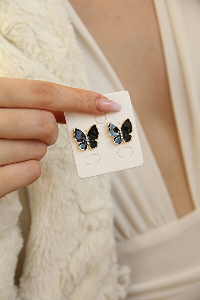 takıtarzım Siyah parlak mineli taşlı kelebek küpe