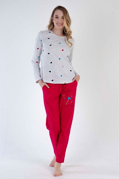 VİENETTA Set de pijamale din bumbac, cu mâneci lungi, cu mâneci lungi, cu gât rotund, cu tiv oval, cu model de inimă
