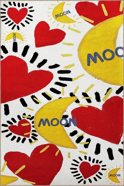Rugs Modern Halı سجادة ديكور حديثة مكتوبة على شكل قمر متعدد الألوان وقلب أحمر...