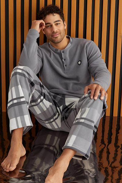 Pijamaevi Melange Plaid Patterned Fleece Men's Pajama Set