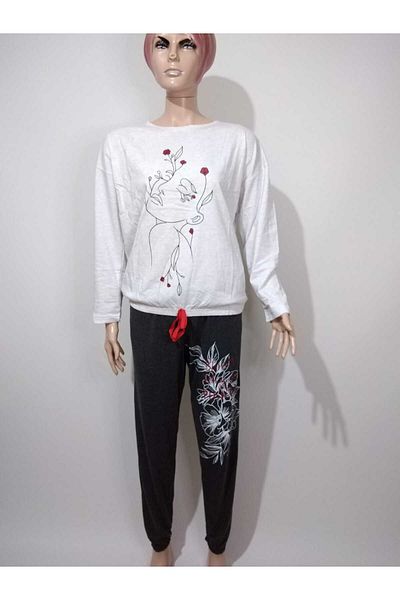 VİENETTA Set de pijamale din bumbac cu mâneci lungi, cu gât rotund, bej, cu manșete