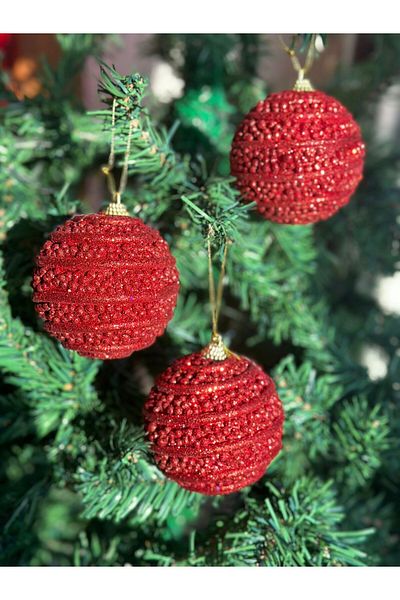QUEEN AKSESUAR Imported Luxury Collectible Large Size 3-Piece Glitter Shiny Decoration Pine Tree Ball Set Red Tree Ornament