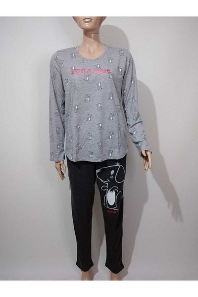 VİENETTA Set de pijamale din bumbac cu mâneci lungi, cu gât rotund, gri pentru femei