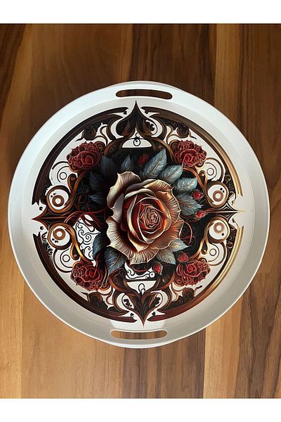 Panoramas Home Round White Custom Print Brown Rose Pattern Large Size Serving Tea Coffee Presentation Tray